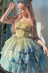 Green Gradient The Forty-Fourth Sunset Oil Painting Triple-Layered Ruffle Bowknot Sweet Lolita Jsk Dress